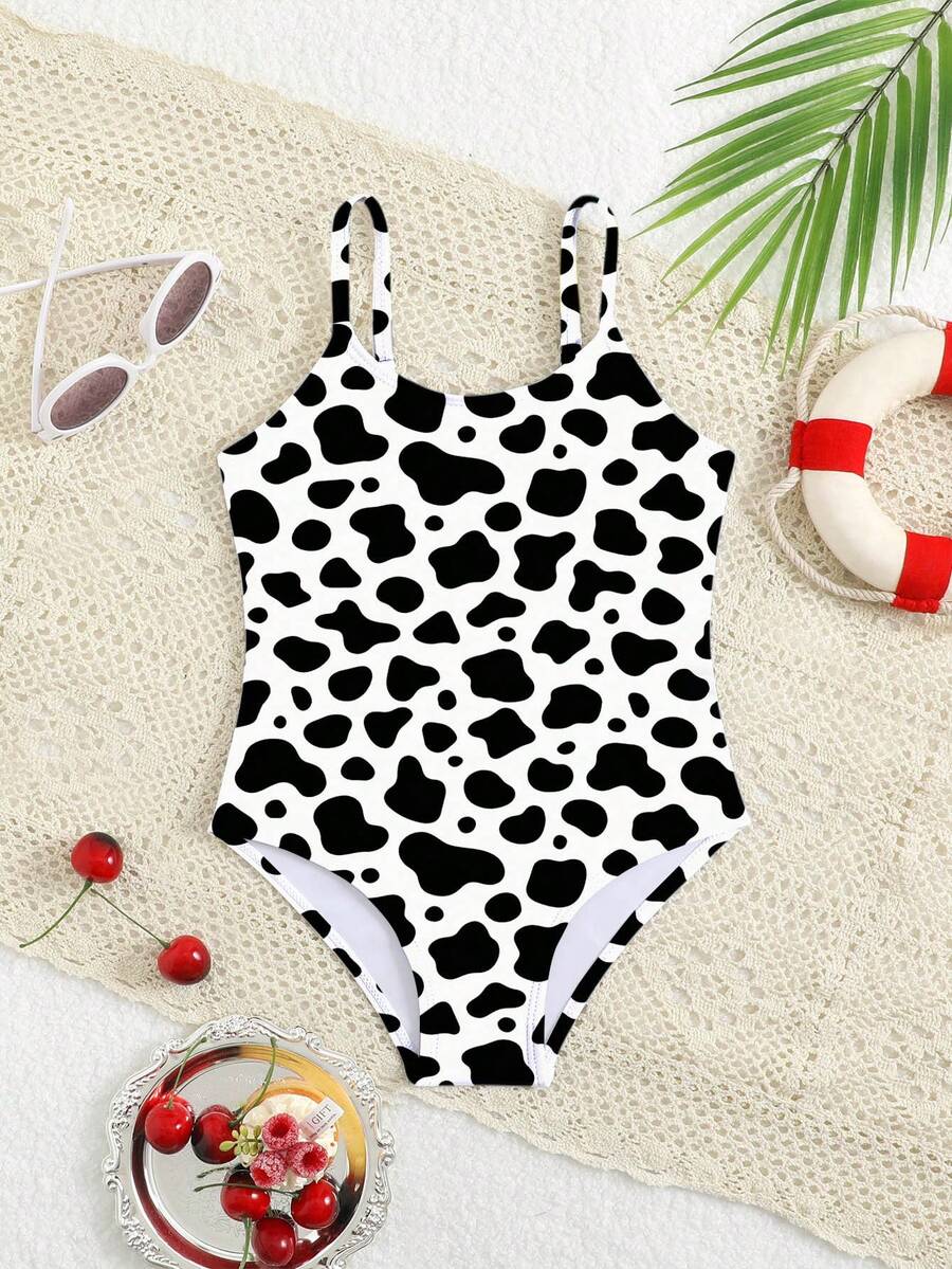 Traje de baño de una pieza con estampado de leopardo negro y blanco para niña, ajuste casual, adecuado para la playa, vacaciones, verano - Multicolor - Ver 1