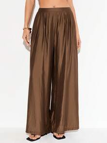 Femmeiva 女士现代休闲优雅外出装棕色阔腿裤，春夏款 - 棕色 - 查看 1