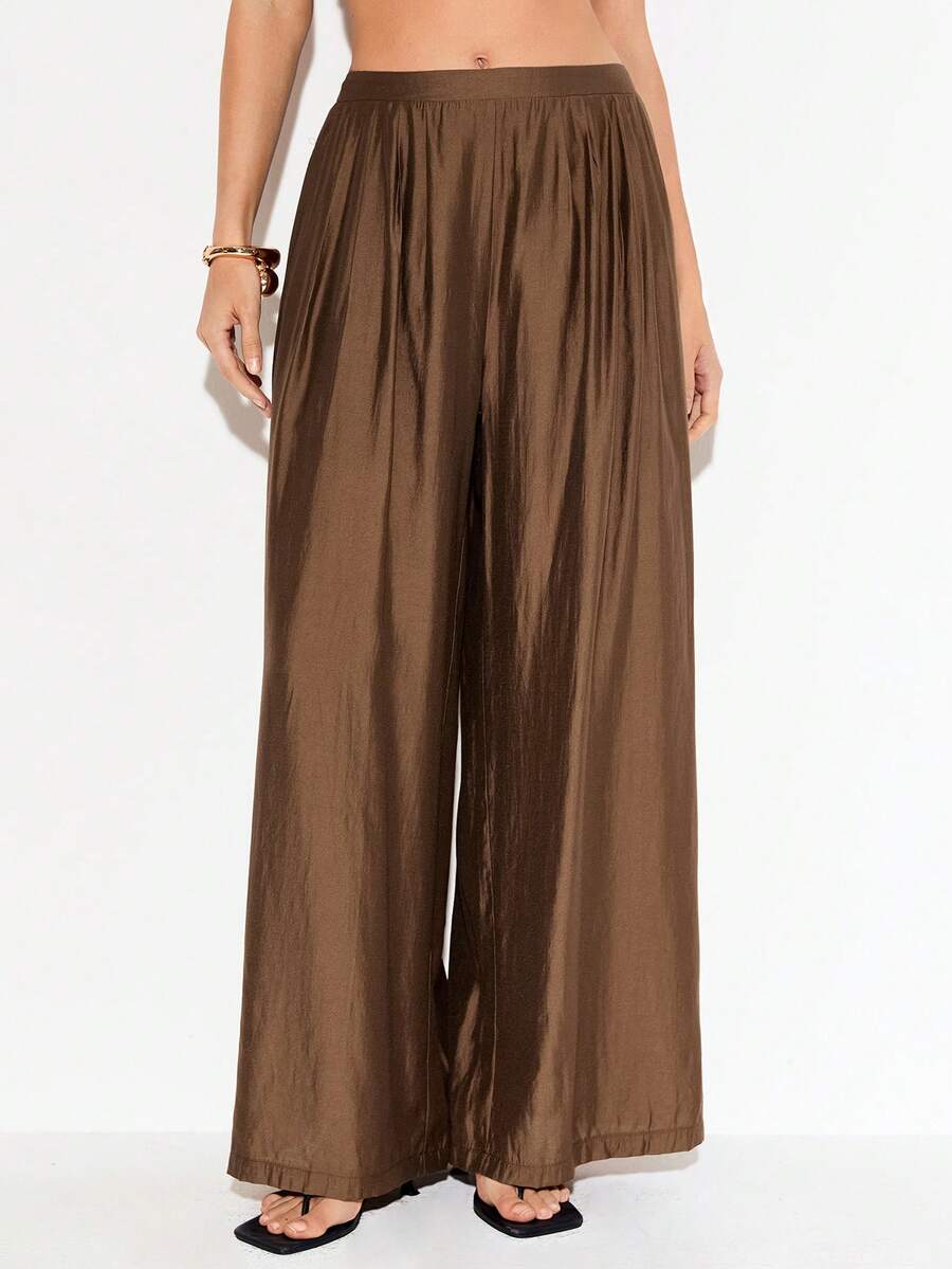 Femmeiva 女士现代休闲优雅外出装棕色阔腿裤，春夏款 - 棕色 - 查看 1