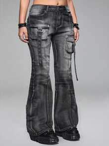 ROMWE Grunge Punk Jeans acampanados de talle súper bajo con remaches de metal desgastados para mujeres de talla grande - Gris - Ver 3