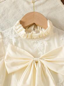 SHEIN Elladie kids Young Girls Summer 1-Piece Apricot Palace Style Dress, Chiffon Puff Sleeves + 3D Floral Mesh, Big Bow Decor Princess Dress, High-End Embroidered Mesh Formal Gown, Birthday Party Piano Recital Outfit,White Dress,Summer Elegant,Sun Dress,Vacay Vibes,Girly Era,فستان دانتيل,Urban Gala - Apricot - View 4