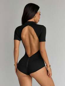 Dewbera Seamless Knit Hollow Back Sleeveless Crew Neck Sports Jumpsuit - Black - View 1