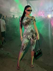 SHEIN SXY 性感短袖豹纹健身连体裤 - 綠色 - 查看 4