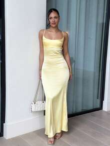 leahseptember Solid Color Woven Fitted Dress For Women Summer Dresses For Women,Butter Yellow Dress,New Year Party, Wedding Guest Outfits, Elegant Graduation, Luxury Prom Dress, Casual Outfits,Fall Winter Clothes - Yellow - View 1