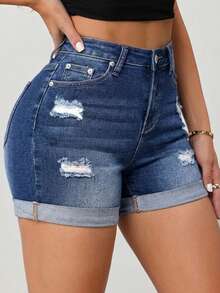 Pantalones cortos de mezclilla simples y diarios con huecos para mujeres, Shorts Mezclilla Stretch Bajo Doblez para mujeres, Jeans, Pantalones cortos vaqueros versátiles para mujer - Azul - Ver 2