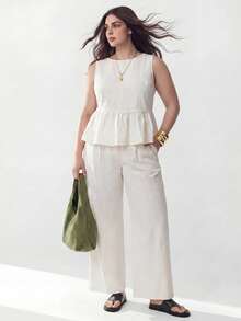 Solavibe Plus Size Women 2 Pieces Set: Sleeveless Top With Ruffle Hem And Pants Beach Formal Vacation Outfits For Woman Beige Summer Elegant - White - View 6