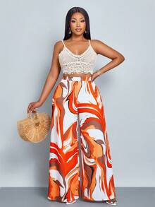 SOLERSUN Plus Size Women's Fashionable Liquid Ripple Art Pattern Wide Leg Pants,White Summer Boho Beach Holiday,Casual Loose High Elasticity Seaside Vacation - Orange - View 7