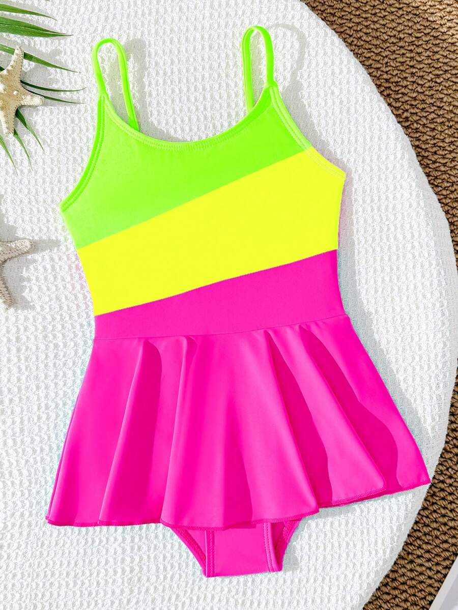 Traje de baño de una pieza con cuello redondo y bloques de color para niña - Rosa Fucsia - Ver 1