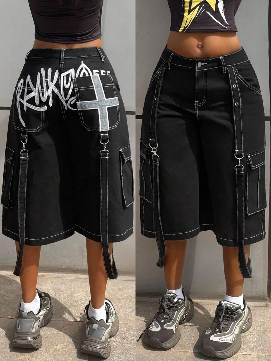 SHEIN 女士宽松破洞口袋七分牛仔裤 - 黑色 - 查看 1