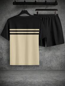 Manfinity RSRT 欧美风男士黑米色“ITALIA MILANO”印花短袖T恤和抽绳短裤套装，休闲街头风夏季度假装扮 - 彩色 - 查看 3