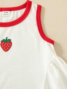 Souflis Souflis Baby/Toddler Girl Cream Casual Knit Dress, Asymmetrical Color Block Design, Cute Strawberry Decor, Suitable For Summer Play, Vacation, Sweet & Lovely - White - View 5