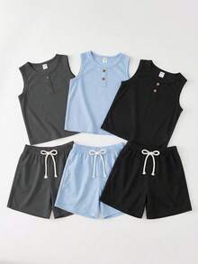 SHEIN 6件套儿童男童休闲无袖圆领上衣和短裤两件套，适合上学、花园、海滩、生日等各种场合，春夏秋冬皆宜，百搭上衣，男童套装，少女套装，校服上衣，儿童男童T恤 - 彩色 - 查看 3