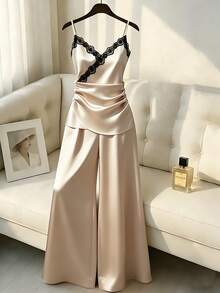 Franclia Bộ đồ 2 mảnh thanh lịch mới mùa Xuân/Hè dành cho nữ, Bộ vest nữ, Bộ áo hai dây ren phối màu tương phản và quần ống rộng, Trang phục áo hai dây gợi cảm dành cho nữ, Bộ đồ 2 mảnh satin duyên dáng dành cho nữ, Bộ vest kaki dành cho nữ, Bộ vest màu sâm panh dành cho nữ, Trang phục dự tiệc thanh lịch dành cho nữ. - Rượu sâm banh - Xem 5