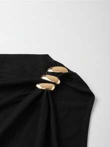 Franclia Mono ajustado con cuello asimétrico, decoración de hebilla metálica y cintura fruncida - Negro - Ver 3