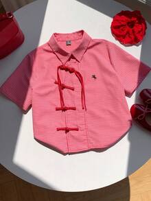 SHEIN Comfortcana Spring/Summer New Chinese Style Women Red Plaid Button-Up Shirt, Suitable For Music Festivals, Street Style, Casual, College, And Commute Wear - Red - View 1