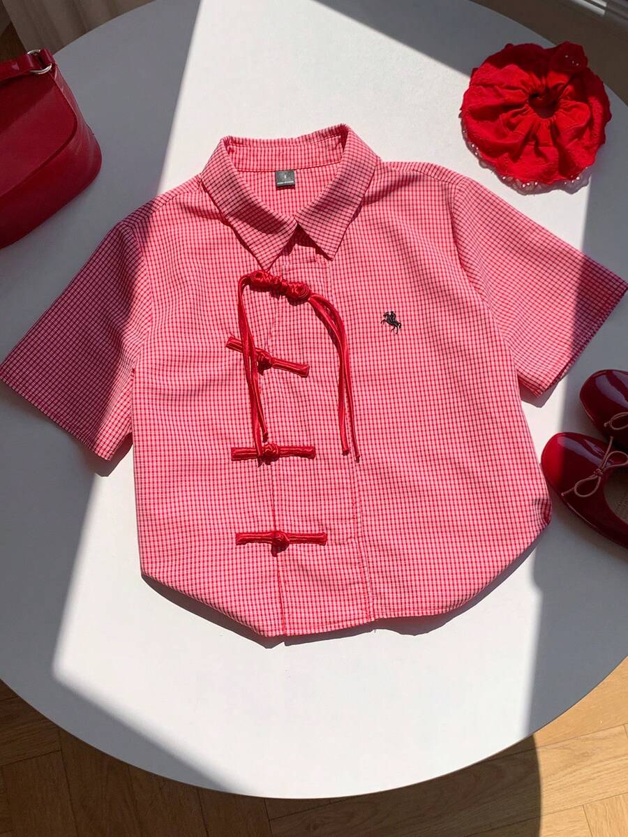 SHEIN Comfortcana Spring/Summer New Chinese Style Women Red Plaid Button-Up Shirt, Suitable For Music Festivals, Street Style, Casual, College, And Commute Wear - Red - View 1