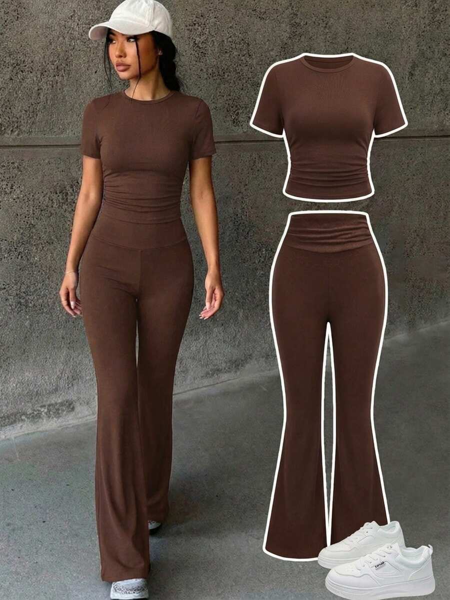 2pcs/Set Teen Girl Brown Summer Casual Holiday Outfit,Ruched Short Sleeve Round Neck T-Shirt&High Waist Flare Pants,Basic Daily Wear School Set - Brown - View 1