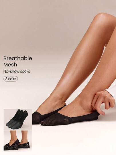 GLOWMODE 3 Pair Breathable Mesh Breezy Step No-Show Low-Cut Socks With Non-Slip Grips Summer Vacation Holiday Daily Casual Wear