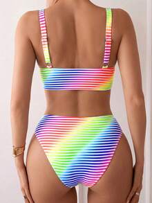 Swim Vcay Conjunto de traje de baño de 2 piezas para mujer, Primavera/Verano 2026, Estilo minimalista sexy y estilizador, Colorido y rayado, Fresco y elegante, Perfecto para vacaciones en la playa - Multicolor - Ver 2
