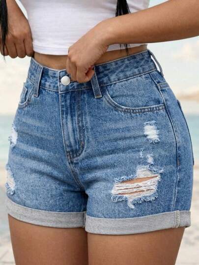 Shorts vaqueros cortos para mujer verano, diseño rasgado y dobladillo enrollado - Piernas largas, estilo dulce y urbano, streetwear, Pantalones cortos vaqueros versátiles para mujer, Jeans