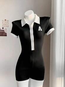 Teen Girls Casual Back To School Sports Summer Romper Contrast - Black - View 6