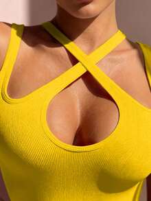 INAWLY Plus Size Fashionable Hollow-Out Solid Color Tight Camisole For Summer - Yellow - View 3