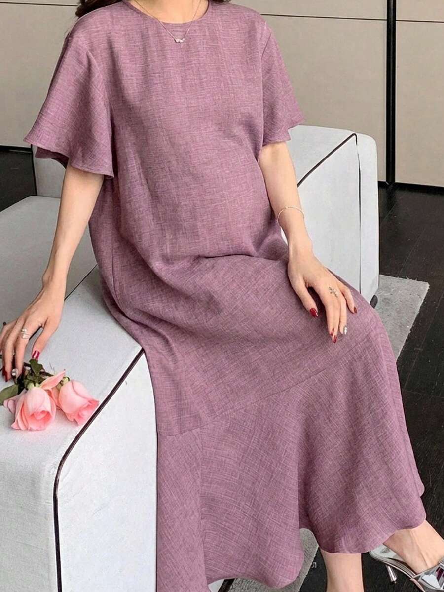 DAZY 简约纯色圆领宽松长款紫色孕妇连衣裙/吊带裙 - 紫色 - 查看 1