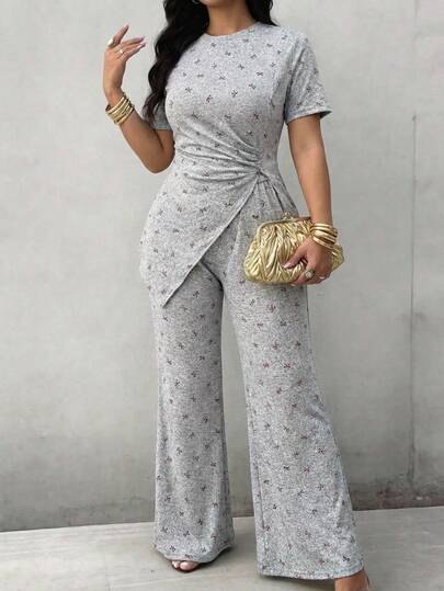 Modelyn 大码夏季休闲蝴蝶印花T恤和裤子两件套