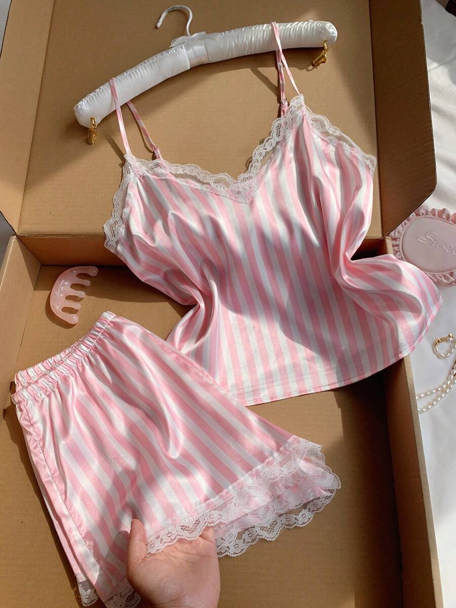 Comfortcana Vertical Stripe Lace Trim Satin Cami Top & Shorts Pajama Set - Multicolor - View 1