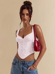 SHEIN BAE 白色 3D 花卉刺绣紧身吊带背心、女式短款上衣、白色紧身胸衣 - 珊瑚粉 - 查看 5