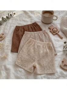SHEIN 3pcs Baby Boy Elastic Waist Pants With Decorative Ribbon,Comfortable&Versatile Set Toddler Cotton Shorts Babyboy Short Summer Plain - Khaki - View 9
