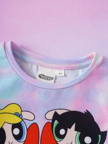 THE POWERPUFF GIRLS X SHEIN 年轻女孩休闲度假通勤趣味卡通字母扎染印花短袖T恤，夏季 - 彩色 - 查看 3