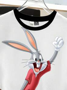 LOONEY TUNES X SHEIN Manfinity Joysei 男士卡通条纹印花圆领休闲短袖T恤 - 白色 - 查看 4