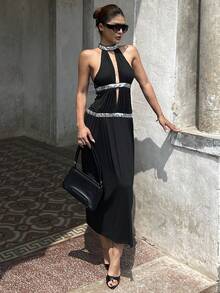 DAZY 女士亮片露肩中长连衣裙，夏季时尚 - 黑色 - 查看 5