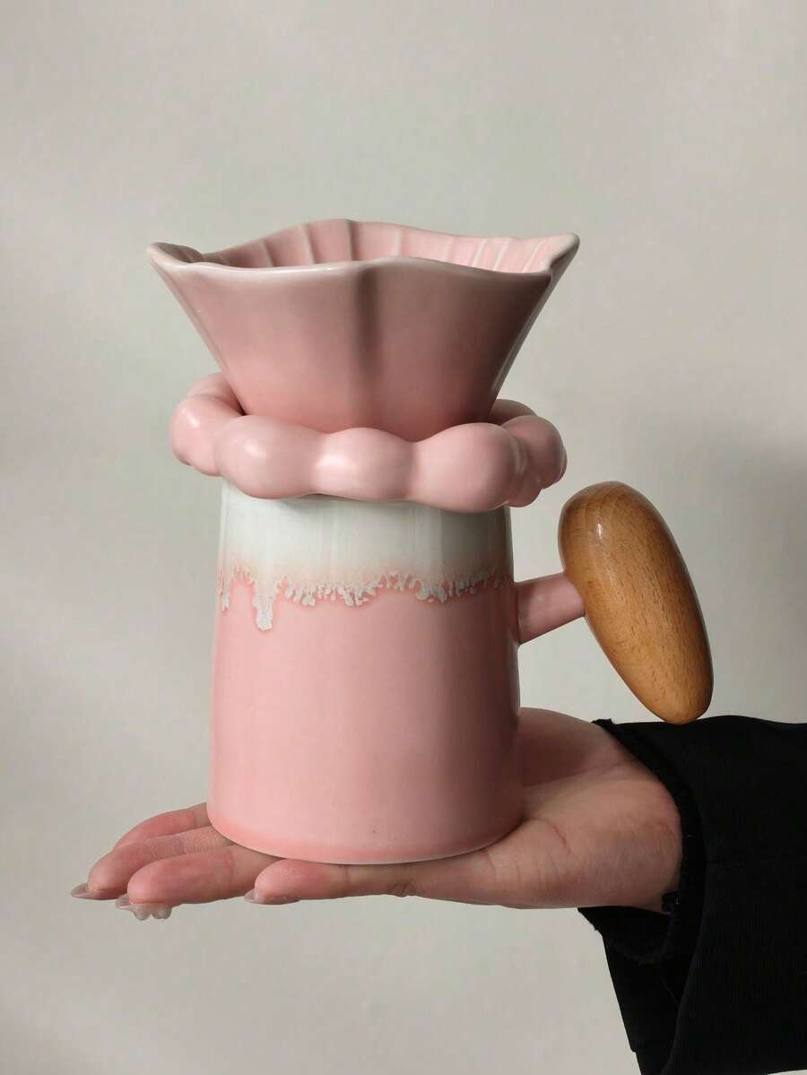 1 Set - Juego de Portafiltro y Taza de Cerámica para Cafetera - Creativo, de Alta Gama, Cerámica de Color Rosa Fluyente - Cafetera de Preparación Manual - Filtro de Café de Cerámica - Embudo. - Multicolor - Ver 1