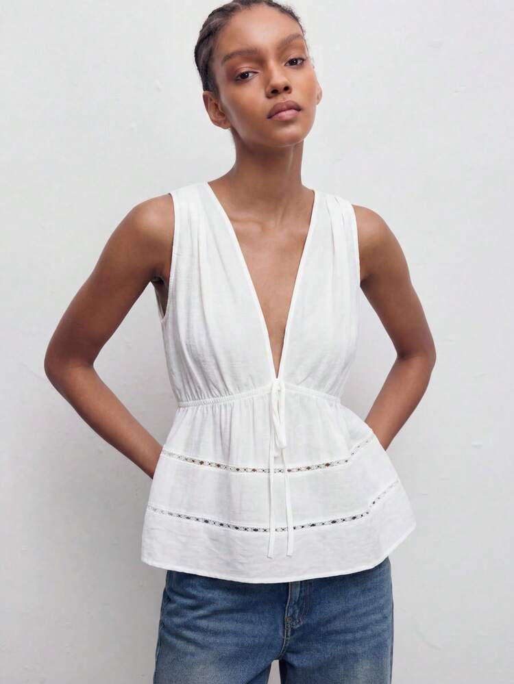 SHEIN Maija Top de tirantes de mujer de unicolor con cuello en V profundo, casual de verano