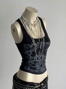 SHEIN DivaQ Women's All-Over Print Casual Versatile Daily Wear Top - Black - View 1