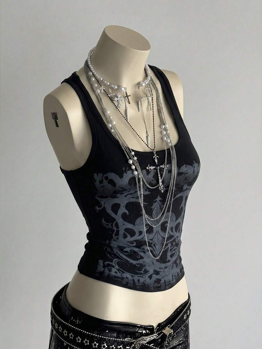 SHEIN DivaQ Women's All-Over Print Casual Versatile Daily Wear Top - Black - View 1