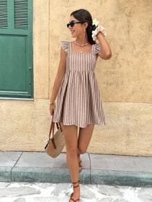 女士夏季休闲条纹蝴蝶结装饰荷叶边迷你连衣裙 - 彩色 - 查看 4