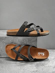SHUZIA 男士时尚休闲舒适可调节绑带人字拖凉鞋 - 黑色 - 查看 2