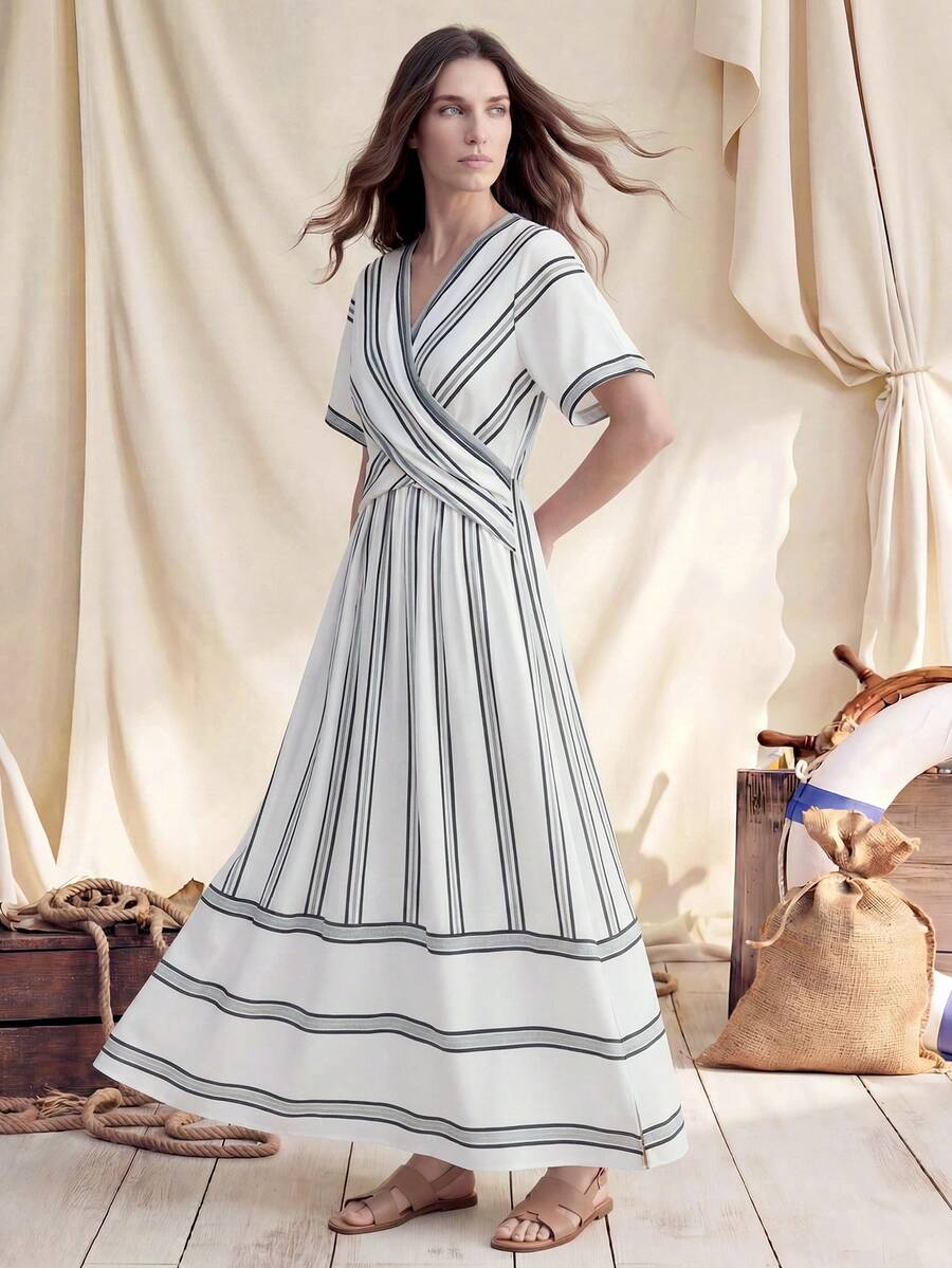 Zovinel Nuevo Llegado de Verano: Vestido Elegante de Cuello en V - Manga Corta, Rayas Anchas y Estrechas en Contraste, Silueta Larga y Relajada. Esta Pieza Retro Francesa Combina el Encanto de las Vacaciones con la Elegancia de la Oficina, Presumiendo un Corte Evasé Que Estiliza la Figura