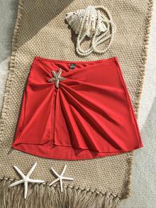 Swim 1 pieza Vestido de playa dividido de unicolor con accesorio de estrella de mar en el lateral para mujer - Rojo - Ver 6