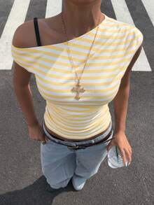 Muchica Top de punto de un hombro con rayas amarillas para mujer - Amarillo - Ver 1