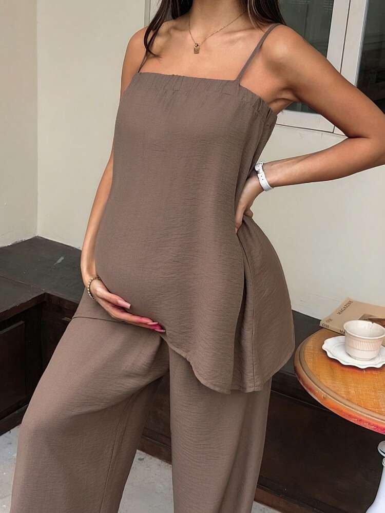 Casual Vacation Style Loose Camisole Top And Long Pants Two Pieces Set, Brown, Maternity