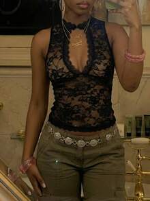 SHEIN DivaQ Women's Black Lace Halter Neck Camisole, Retro Sexy - Black - View 1
