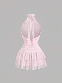 Sweetra 女士新款粉色连衣裙，优雅派对礼服，夏季度假连衣裙，沙滩连衣裙，适合派对、通勤、日常、旅行、假日等场合，甜美、优雅、可爱、性感，蕾丝花卉立领无袖褶皱腰部荷叶边下摆露背系带休闲迷你连衣裙 - 粉色 - 查看 2