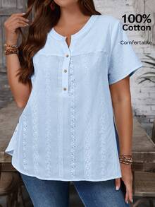 EMERY ROSE Plus Size Women Floral Embroidery Pattern Casual Versatile Daily Wear Shirt - Baby Blue - View 7