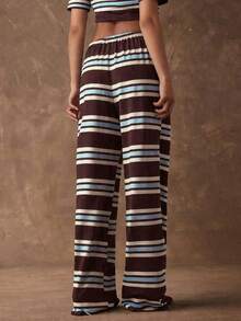 SHEIN Tall CURVE 大码条纹抽绳直筒宽松休闲百搭裤 - 棕色 - 查看 2