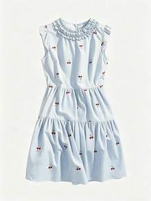 GlowEve 女士休闲荷叶边短袖条纹樱桃印花迷你连衣裙 - 藍白色 - 查看 4