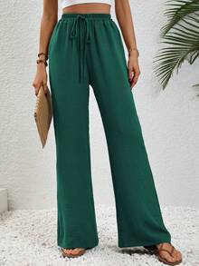 SHEIN Tall 女款卡其色休閒度假風鬆緊腰抽繩寬鬆直筒長褲，適合高個女性 - 墨綠色 - 查看 6